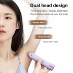 Person using a dual-headed hair removal device with text on a white background